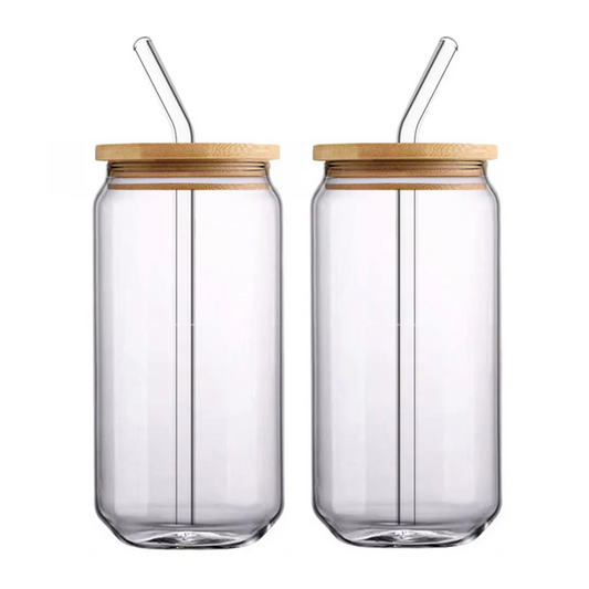 Can Glass Juice Water Cup With Bamboo Wood Lid And Plastic Straw 500 ml