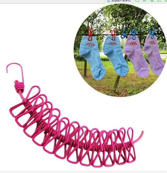 Portable Elastic Rope Clothesline Adjustable with 12pcs Clothespins Cloth Hanger