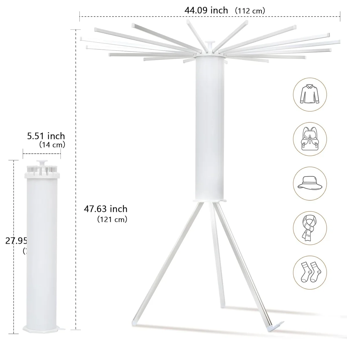 Folding Tripod Clothes Airer – Compact Drying Rack with 16 Rotating Arms, Aluminum, Indoor/Outdoor Use