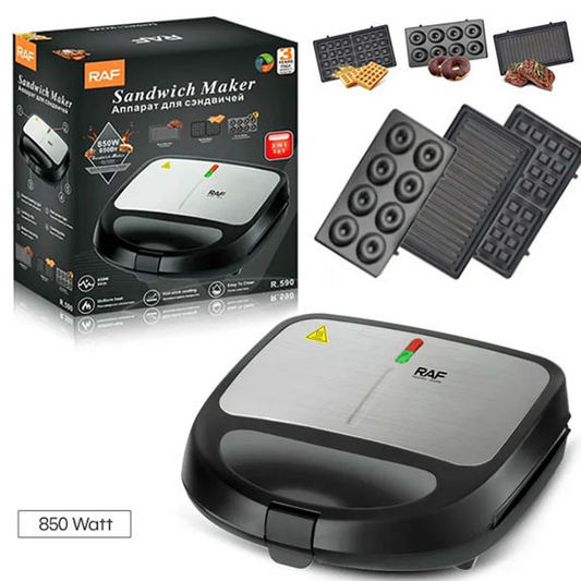 RAF 3-in-1 Toaster and Mini Donut Maker – Interchangeable Panels, 1000W Power, Grill and Donut Making R590