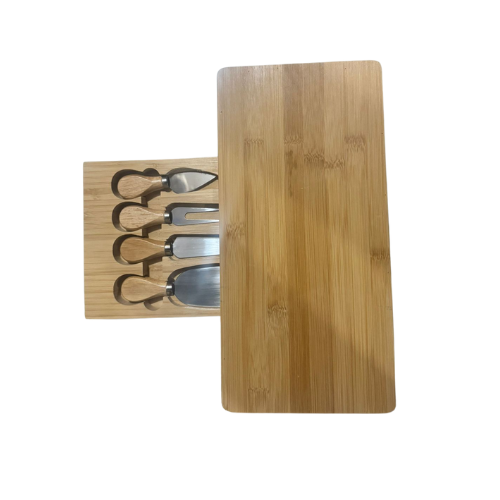 Bamboo Wooden Serving Tray Board Set with Cutlery in Slide-Out Drawer