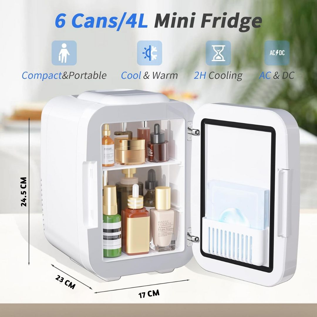 4L Mini Fridge with Dimmable LED Mirror – Portable Cooler & Warmer for Cosmetics, Food