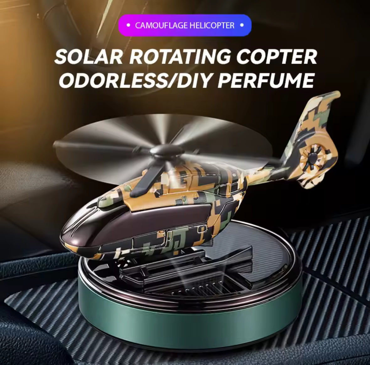 Solar Powered Helicopter Car Air Freshener Rotating Aromatherapy Diffuser for Car, Home & Office