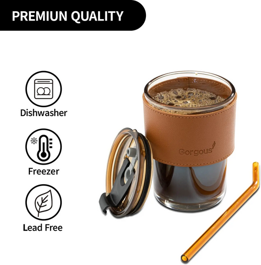 Coffee Mug Glass Tumbler With Silicone Straw and Lid 360 ml, Cup With Leather Sleeve