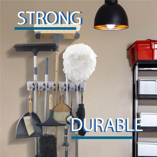 Broom and Mop Holder with 5 Compartments