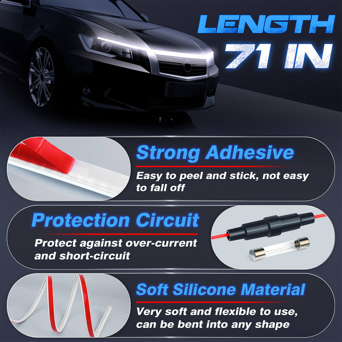 Car Hood Light Strip, Flexible Exterior Car LED Strip Lights Waterproof (Crystal Blue)