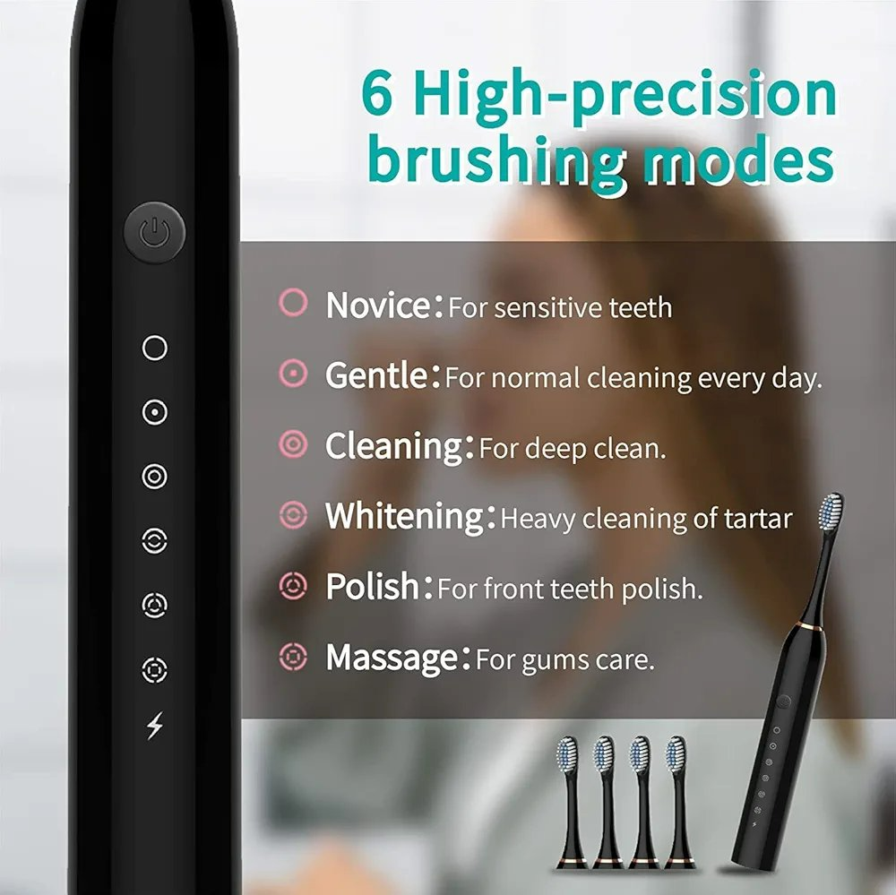 Sonic Electric Toothbrush, USB Rechargeable with 4 Brush Heads & 6 Modes | IPX7 Waterproof for Adults and Kids