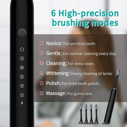 Sonic Electric Toothbrush, USB Rechargeable with 4 Brush Heads & 6 Modes | IPX7 Waterproof for Adults and Kids