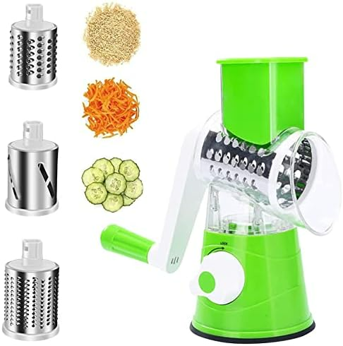 Tabletop Drum 3-in-1 Vegetable Cutter & Rotary Cheese Grater – Multifunctional Slicer with 3 Stainless Steel Blades for Vegetables, Fruits & Cheese