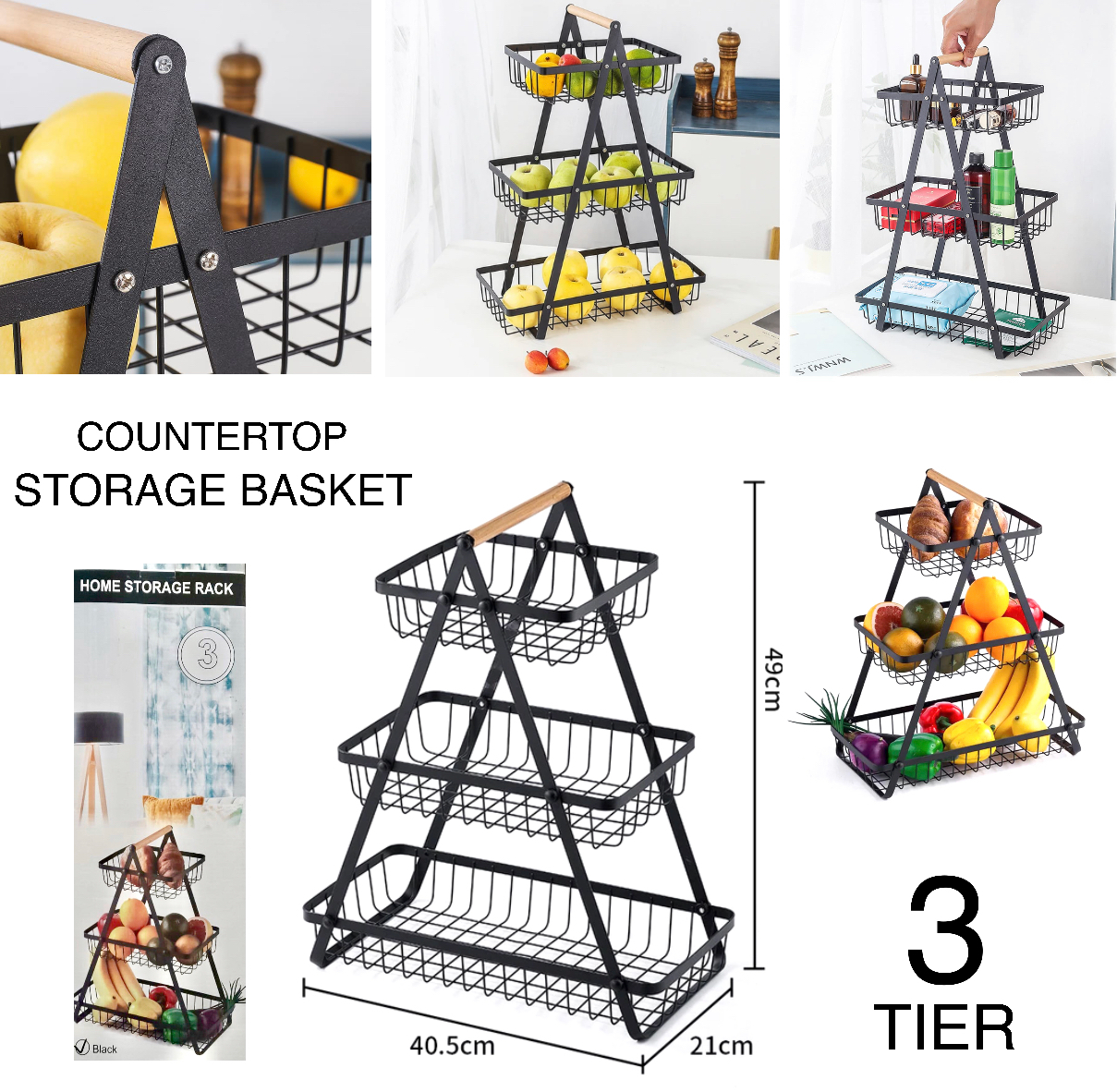 3 Tier Countertop Iron Storage Basket