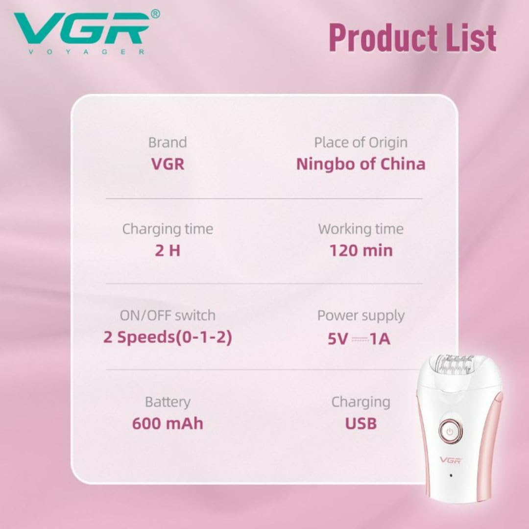 VGR Compact Professional Cordless Women Epilator for different body areas for gentle hair removal V705