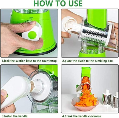 Tabletop Drum 3-in-1 Vegetable Cutter & Rotary Cheese Grater – Multifunctional Slicer with 3 Stainless Steel Blades for Vegetables, Fruits & Cheese