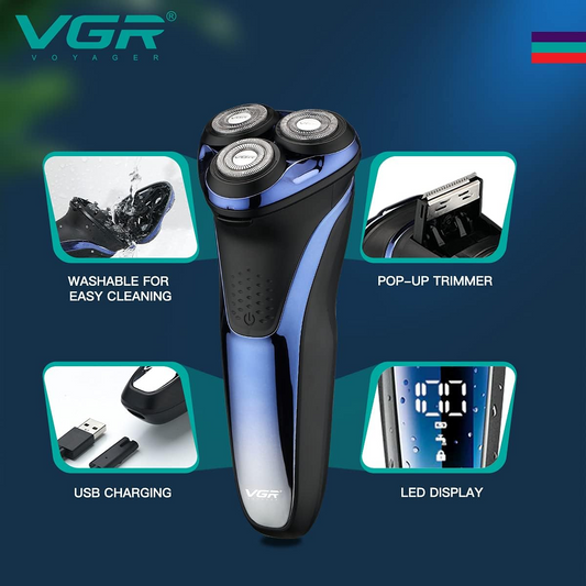 VGR V306 Waterproof Electric Shaver – Cordless Rechargeable Rotary Razor with Pop-Up Trimmer, LED Display (Blue)