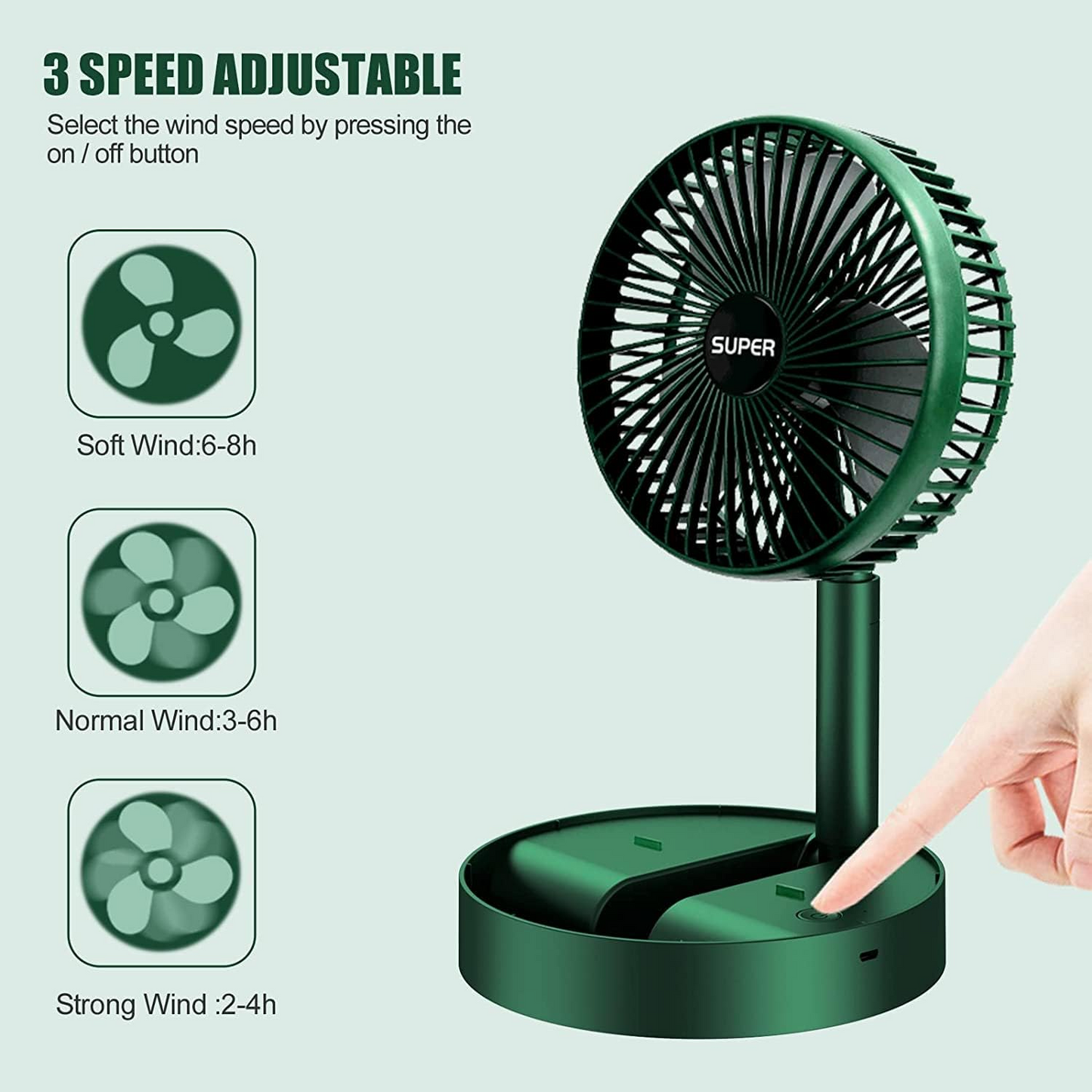 Foldable Desk Fan 3 Speeds, 180° Tilt Adjustable Rechargeable Fan with Low Noise & Long Battery Life