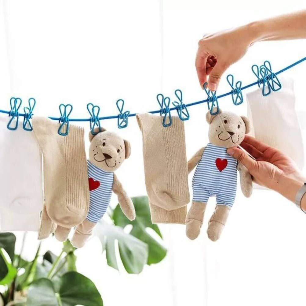 Portable Elastic Rope Clothesline Adjustable with 12pcs Clothespins Cloth Hanger