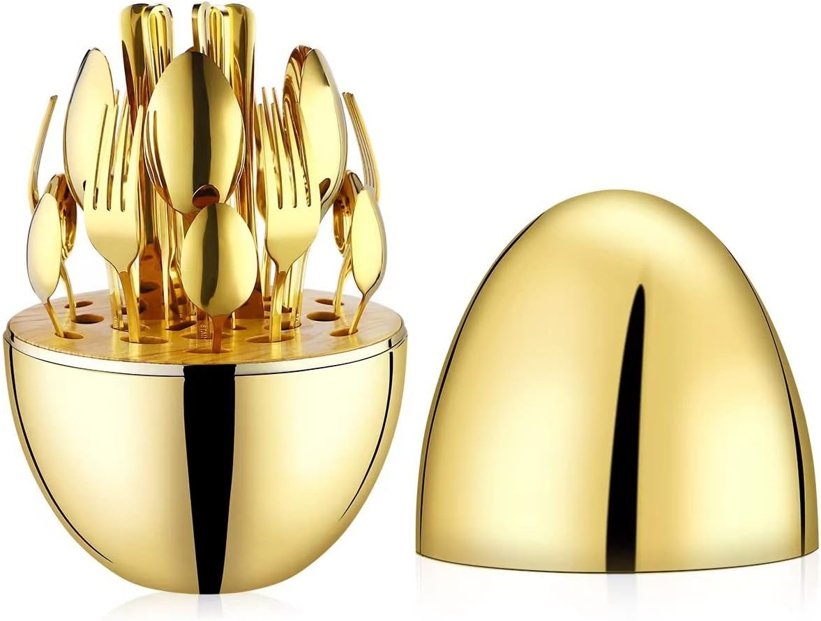 Premium Cutlery Set 24 Pcs with Oval Shaped Stand (Golden Egg)