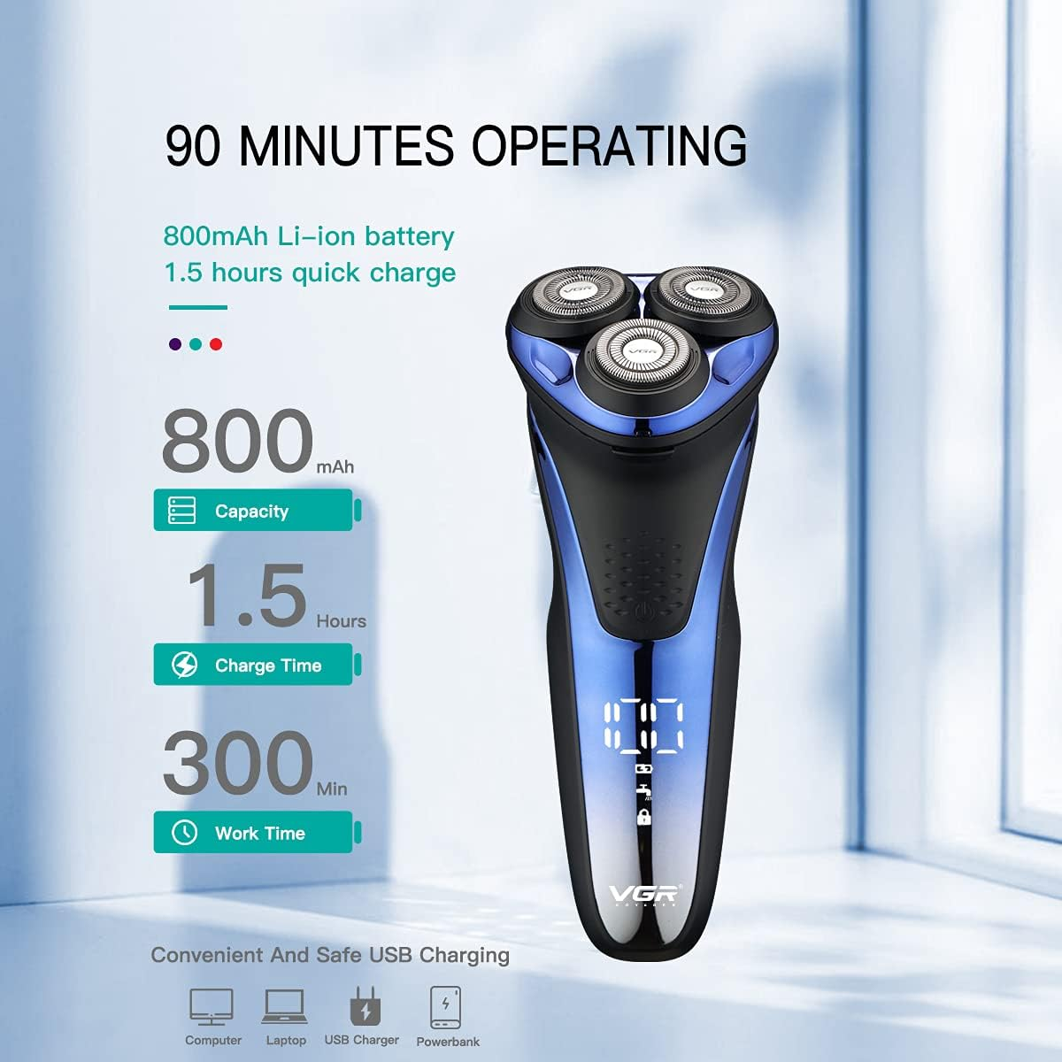 VGR V306 Waterproof Electric Shaver – Cordless Rechargeable Rotary Razor with Pop-Up Trimmer, LED Display (Blue)
