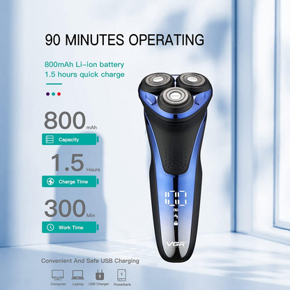 VGR V306 Waterproof Electric Shaver – Cordless Rechargeable Rotary Razor with Pop-Up Trimmer, LED Display (Blue)