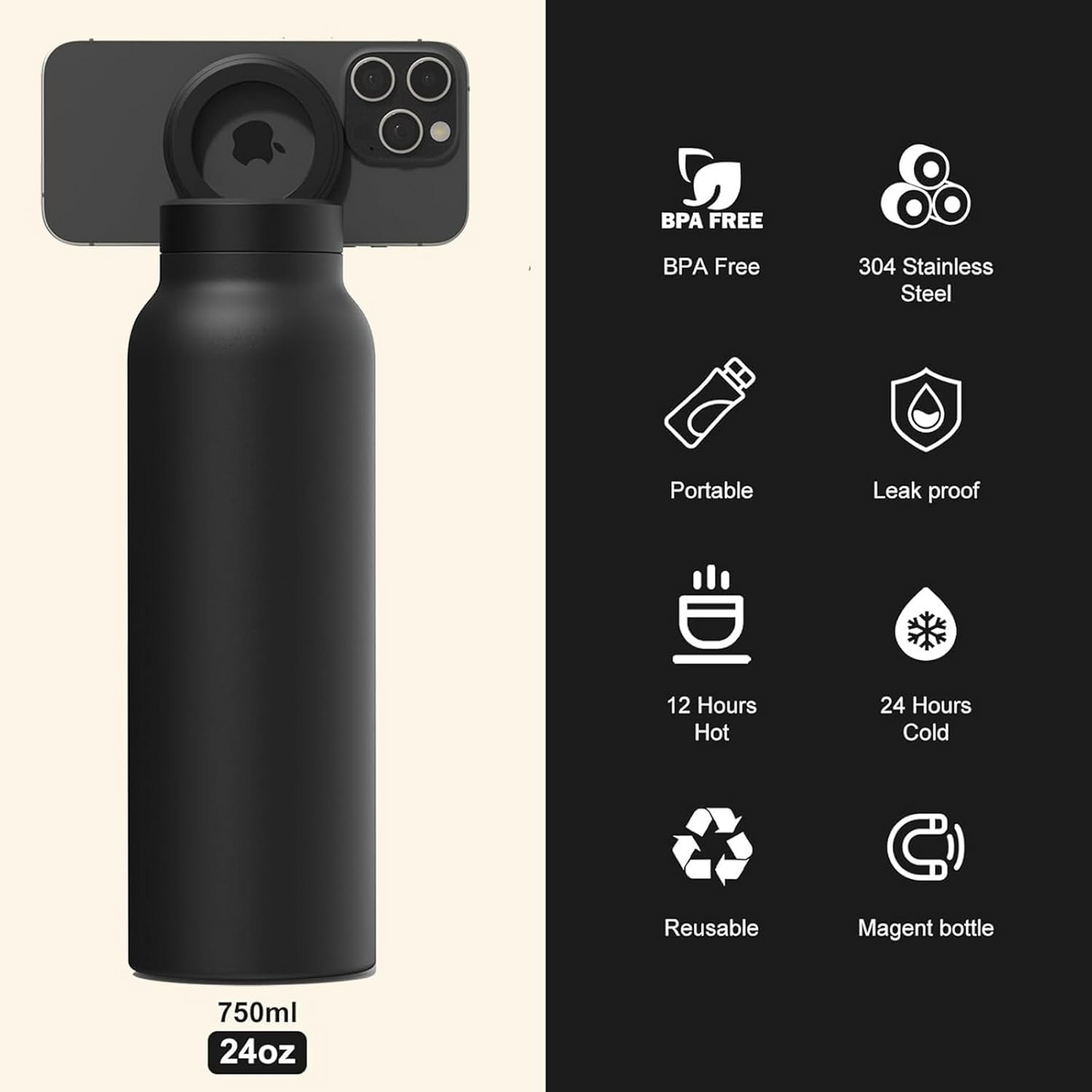 Insulated Water Bottle with Magnetic Phone Holder | Stainless Steel Tumbler Compatible with MagSafe for Gym, Car, & Sports