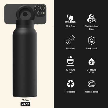 Insulated Water Bottle with Magnetic Phone Holder | Stainless Steel Tumbler Compatible with MagSafe for Gym, Car, & Sports