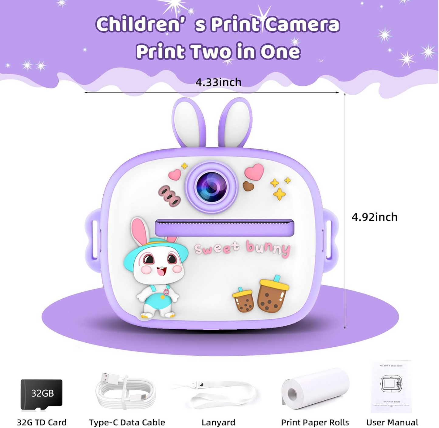 Kids Instant Print Camera with 2.4" Screen, 1080P HD