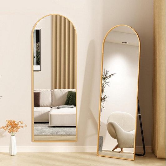 Arched Floor Mirror with Stand – Gold Full Body Dressing Mirror, Leaning or Hanging Wall Mirror