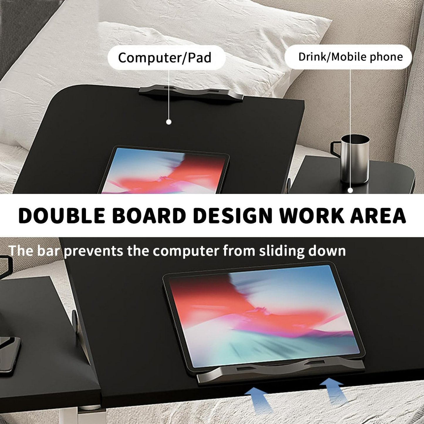 Height Adjustable Side Table with Wheels – Laptop Stand, Bed & Overbed Table for Living Room & Bedroom AS13