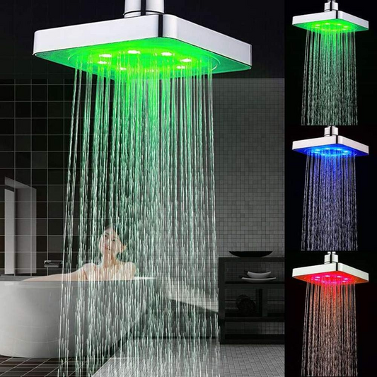 Shower Head 3 Colors Changing LED Showerhead Bathroom Rainfall Shower 6 Inch Square Temperature Control