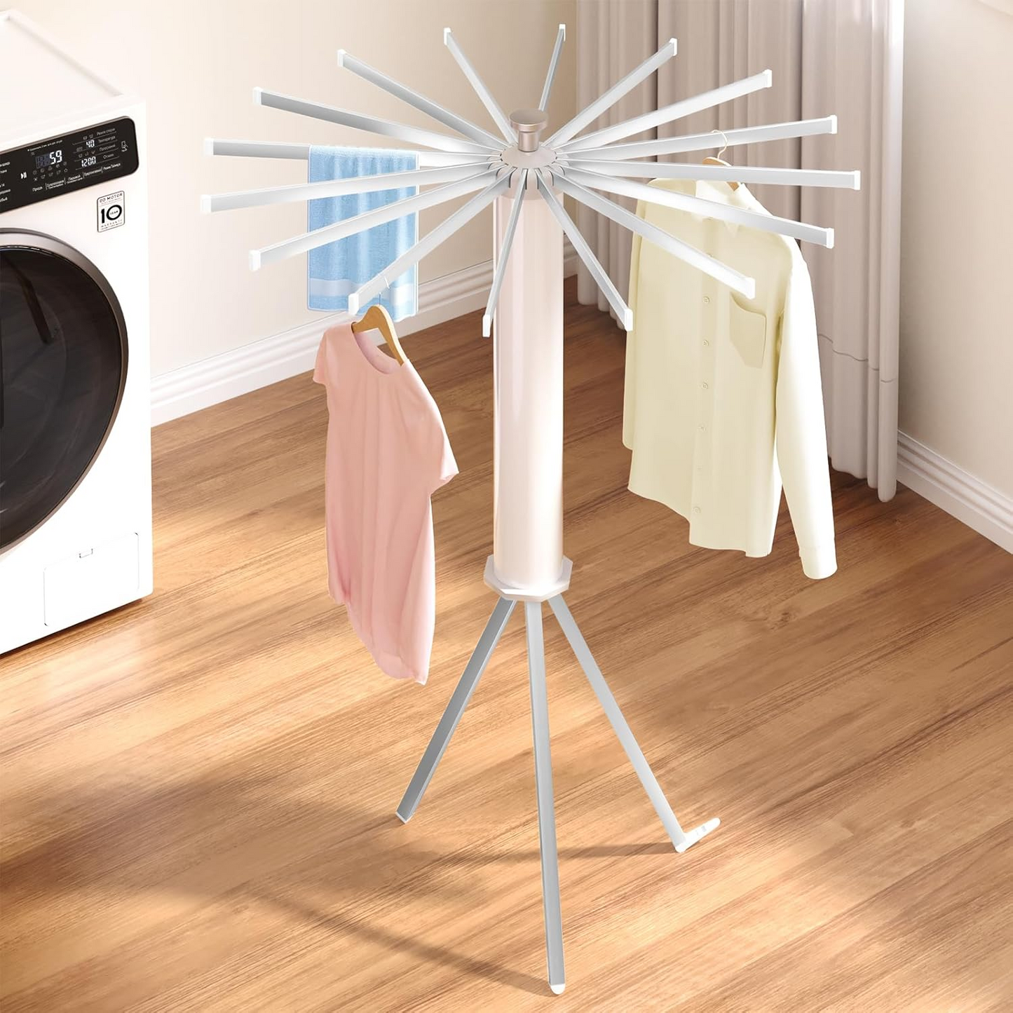 Folding Tripod Clothes Airer – Compact Drying Rack with 16 Rotating Arms, Aluminum, Indoor/Outdoor Use