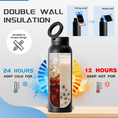 Insulated Water Bottle with Magnetic Phone Holder | Stainless Steel Tumbler Compatible with MagSafe for Gym, Car, & Sports
