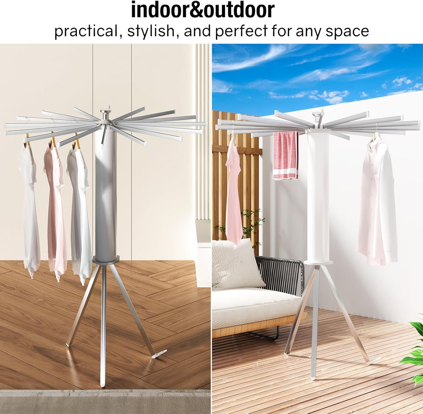 Folding Tripod Clothes Airer – Compact Drying Rack with 16 Rotating Arms, Aluminum, Indoor/Outdoor Use