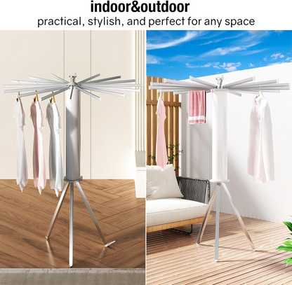 Folding Tripod Clothes Airer – Compact Drying Rack with 16 Rotating Arms, Aluminum, Indoor/Outdoor Use