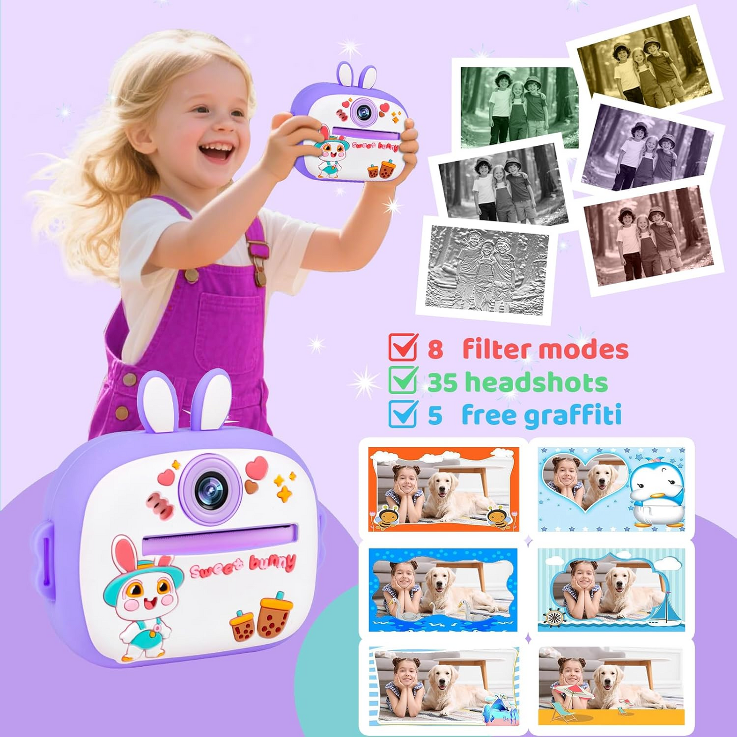Kids Instant Print Camera with 2.4" Screen, 1080P HD