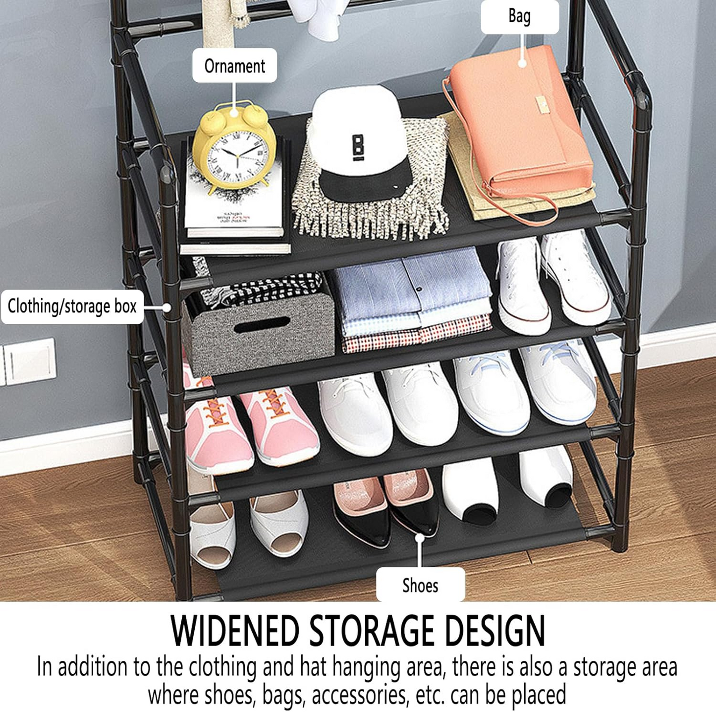 3-in-1 Coat Rack & Shoe Rack Organizer 4 Tier Storage Organizer with Hooks