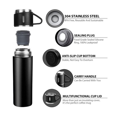 Thermos With Cups Double Wall Stainless Steel 500ml Vacuum Flask