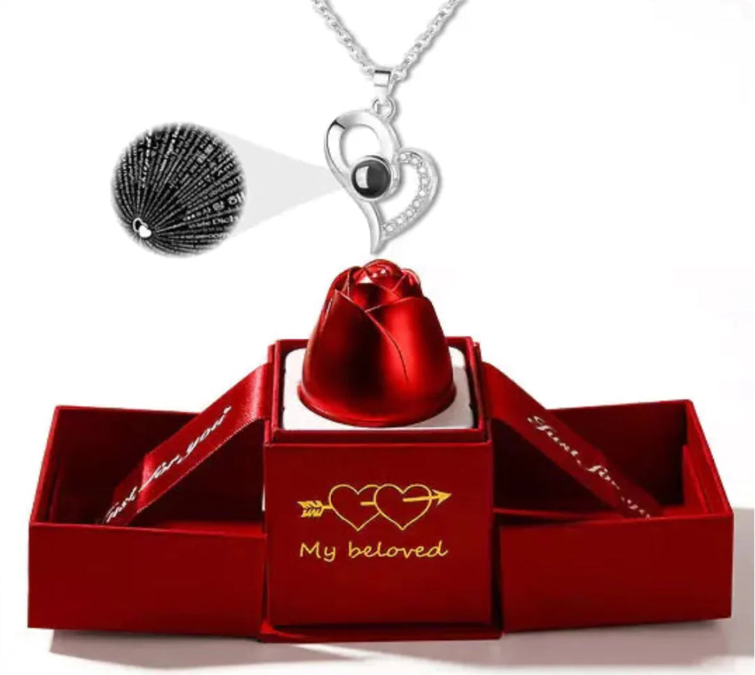 Necklace With Rose Box With Free Bag, I Love You In 100 Languages