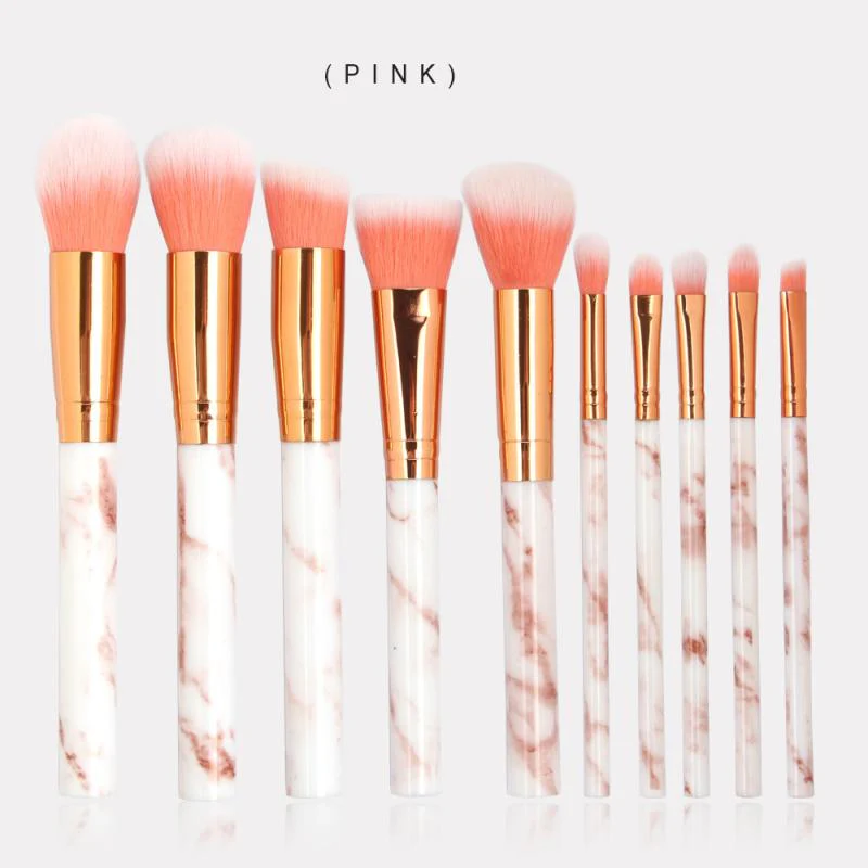 Marble Pattern Makeup Brush Set 10pcs - Pink