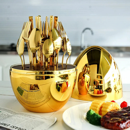 Premium Cutlery Set 24 Pcs with Oval Shaped Stand (Golden Egg)