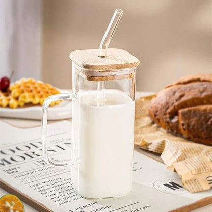 Coffee Can Shaped Glass Mug with lid and straw 540ml