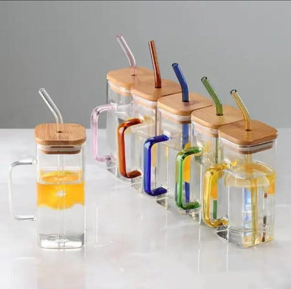 Coffee Can Shaped Glass Mug with lid and straw 540ml