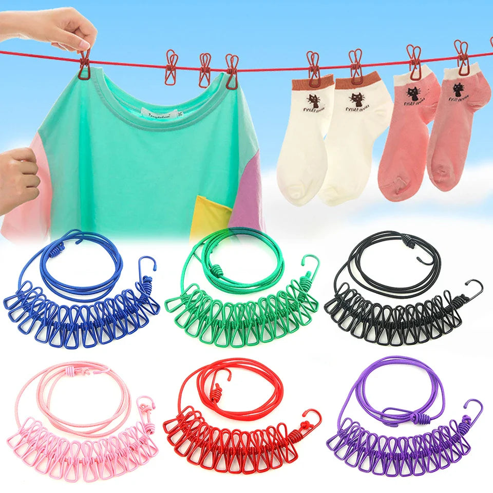 Portable Elastic Rope Clothesline Adjustable with 12pcs Clothespins Cloth Hanger