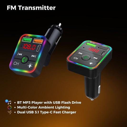Bleutooth FM Transmitter F2 , MP3 Player with USB Flash Drive, Multi-Color Ambient Lighting, Dual USB 3.1 Type-C Fast Charger, and FM.