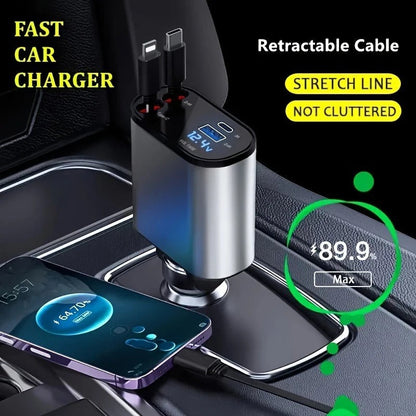 4 in 1 Car Charger 120W Turbo Charge, 4 Ports Fast Charging with Retractable Cables