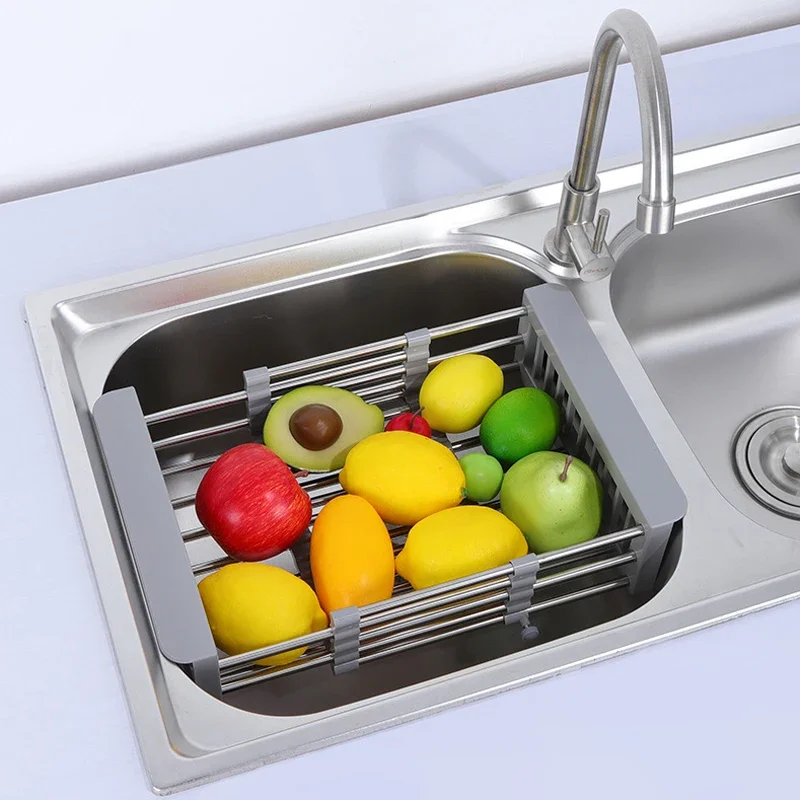 Stainless Steel Expandable Vegetable Basin with Drain Basket Drain Rack 1pc