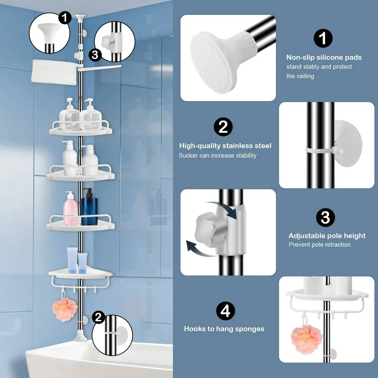 4 Tier Bathroom Corner Shelf with Towel Holder – Wall Mounted Storage Rack for Toiletries & Towels