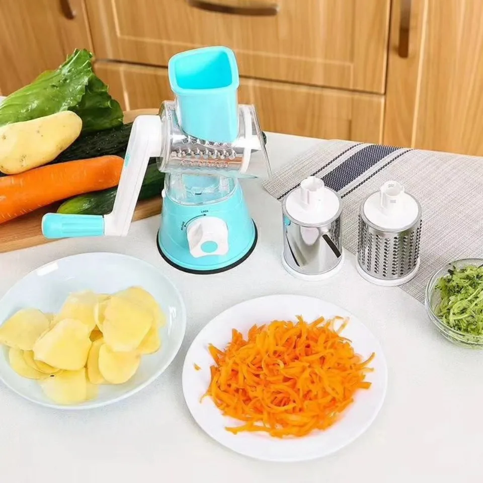 Tabletop Drum 3-in-1 Vegetable Cutter & Rotary Cheese Grater – Multifunctional Slicer with 3 Stainless Steel Blades for Vegetables, Fruits & Cheese