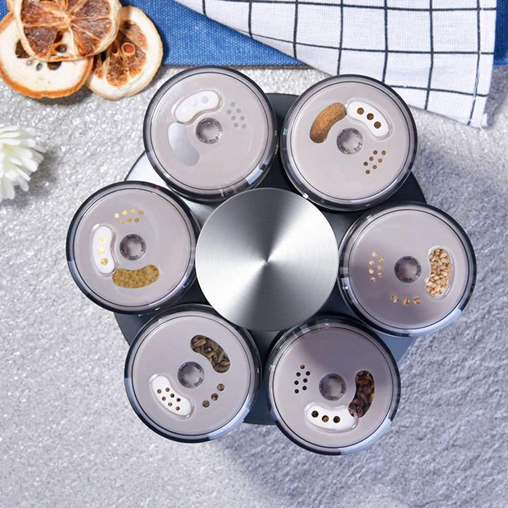 6-Jar Revolving Spice Rack Organizer with Rotating Stand and Salt & Pepper Shakers