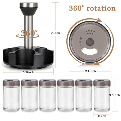 6-Jar Revolving Spice Rack Organizer with Rotating Stand and Salt & Pepper Shakers