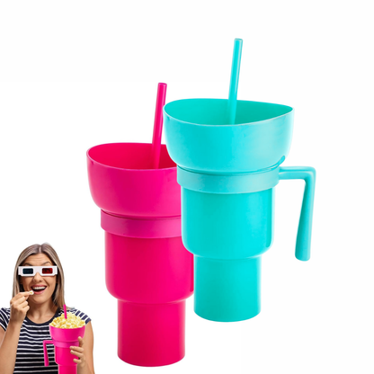 2 in 1 Snack Cup Bowl Combo with Straw | 32oz Stadium Tumbler with Snack Bowl