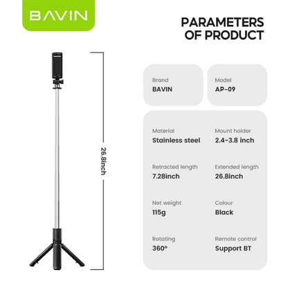 BAVIN P09 Portable Selfie Stick Monopod Tripod Stand Travel Up to 68cm w/ Bluetooth Remote Control